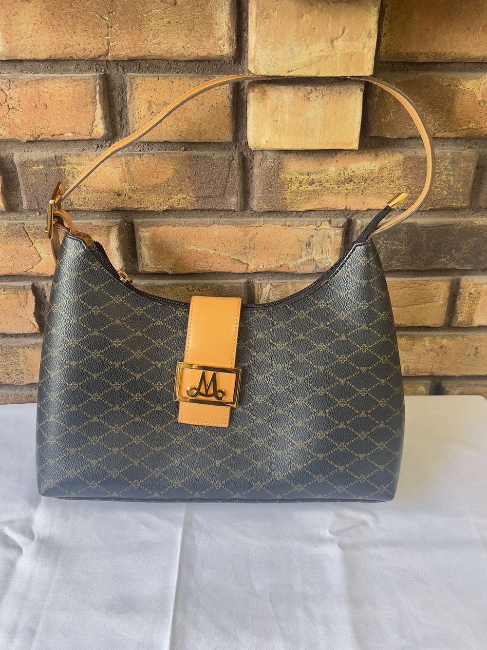 Designer-Inspired Dark Brown Pattern Shoulder Bag with Tan Trim